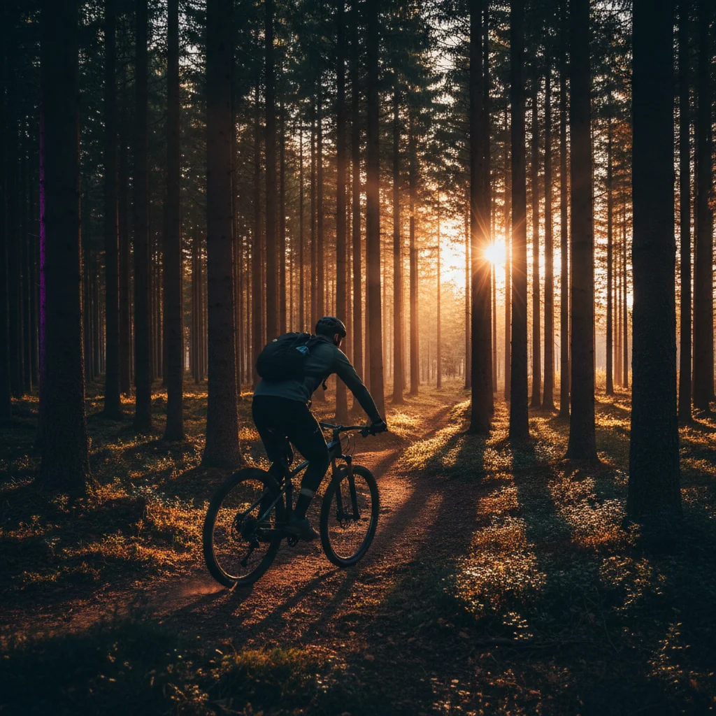 Aktiv man cyklar längs en nordisk skogsväg vid gyllene timmen - ett energifyllt och aktivt liv