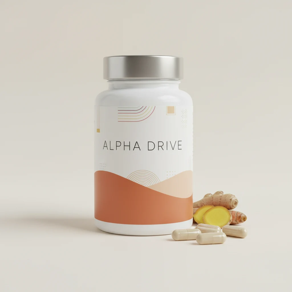 Alpha Drive - mörk cylindrisk kosttillskottsburk med lila etikett